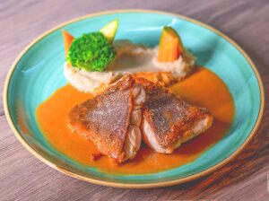 Restaurants in Crete/ Afish filet with sauce and Puree