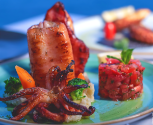 Grilled Kalamari on blue plate