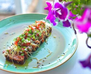 Tuna Tataki on a blue plate